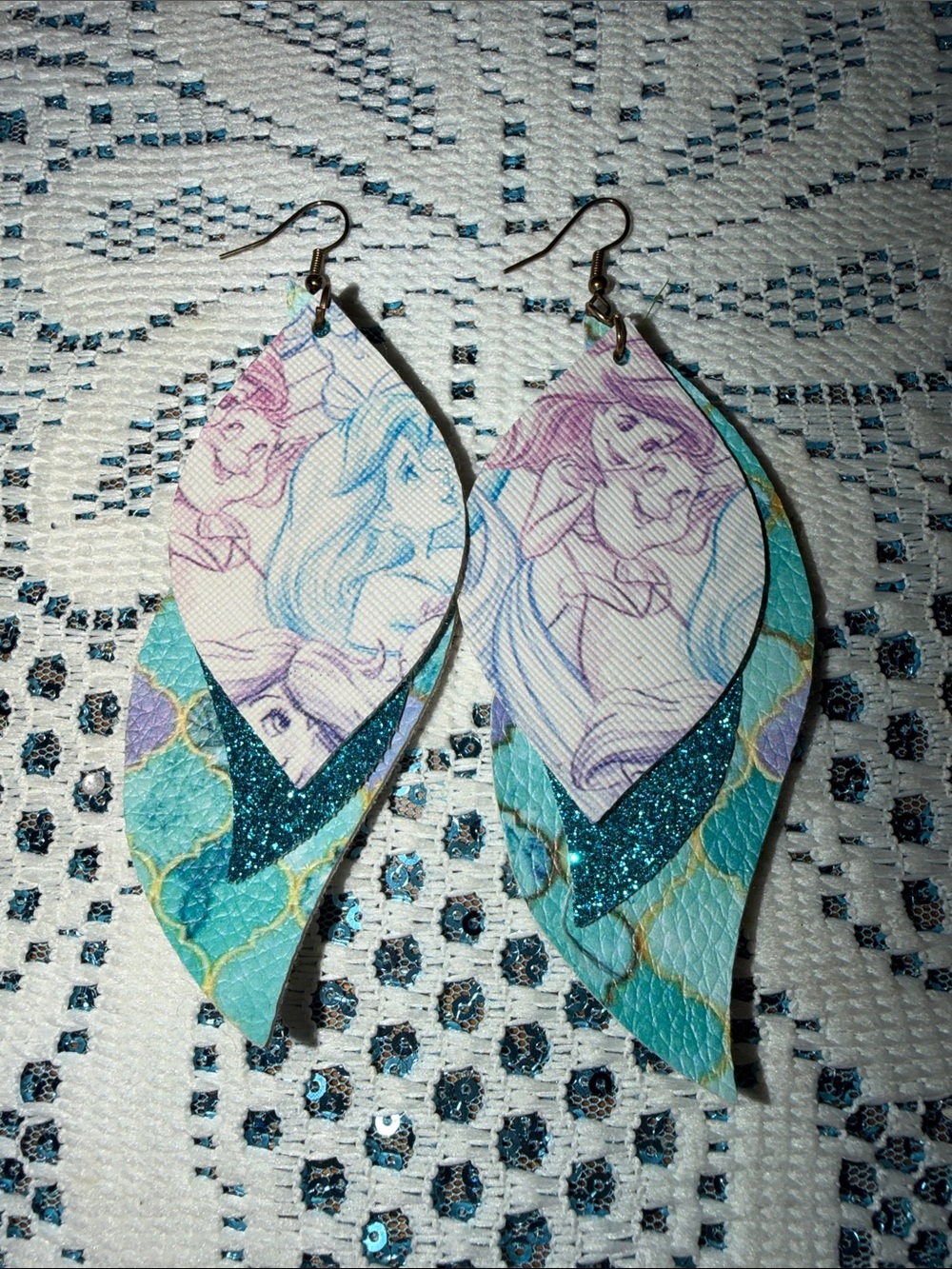 Mermaid Teal Layered Leather Teardrop Earrings